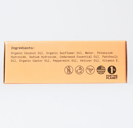 Side view of our ingredients in our concentrated hand soap cedar mint refill bar