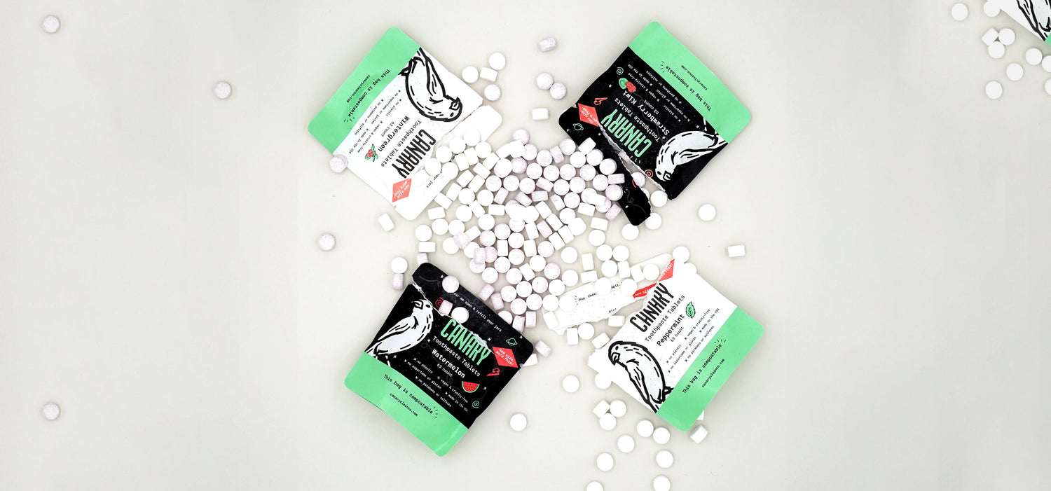 Collection of various flavors of Canary toothpaste tablets. Great eco-friendly option for travel, sensitive teeth and as a fluoride alternative.