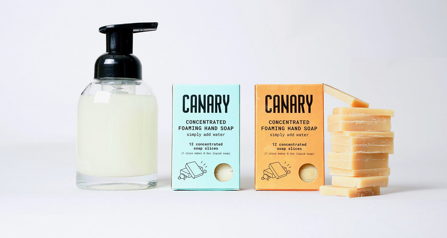 Canary Concentrated Hand Soap Refill bars come in two scents, 1) Cedar Mint and 2) Fir Needle and Sage. Photo of filled bottle and the stack of slices.