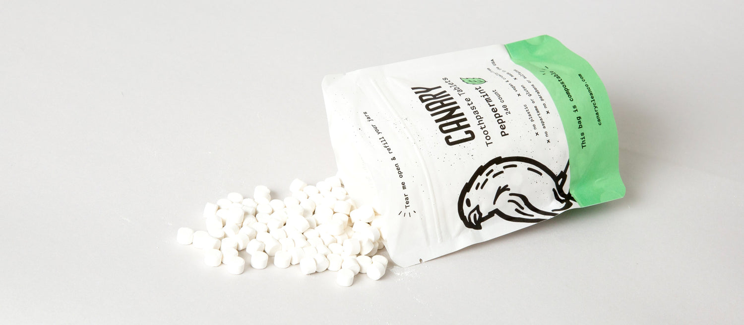 Canary toothpaste tablets compostable refill back 240 count peppermint