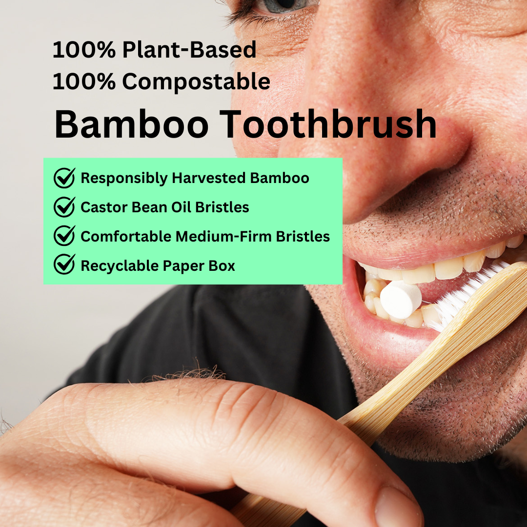Upclosei image of man using plant-based and compostable bamboo toothbrush, and highlighting the benefits of the toothbrush