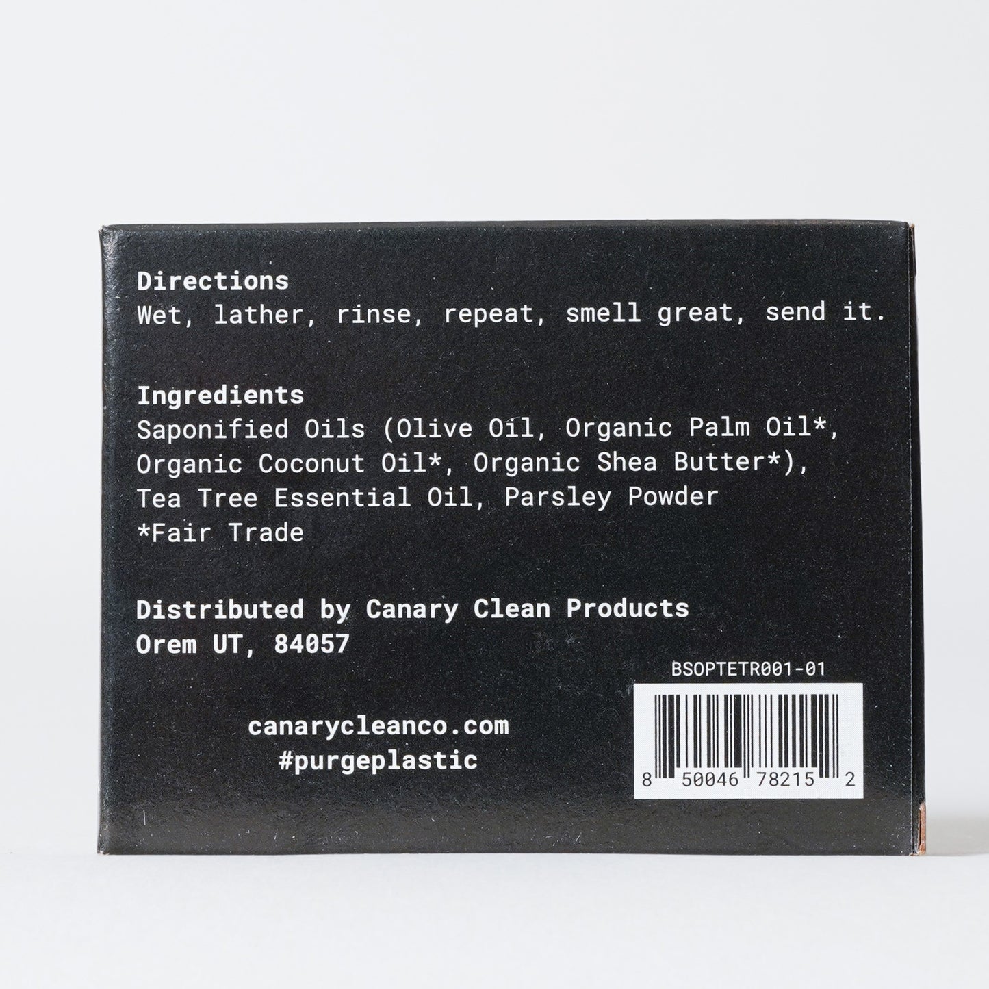 Canary Tea Tree Bar Soap, back view of packaging and ingredients