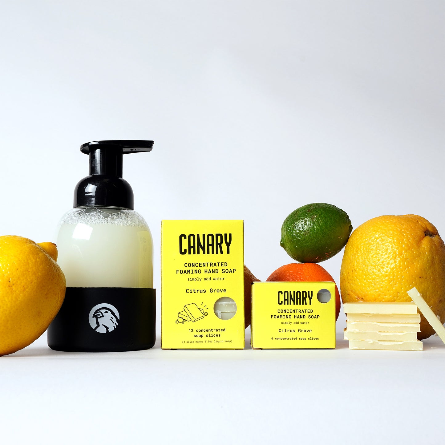 Citrus Grove hand soap box options, with bottle of soap and stack of slices, aside orange, lemon, lime and grapefruit.