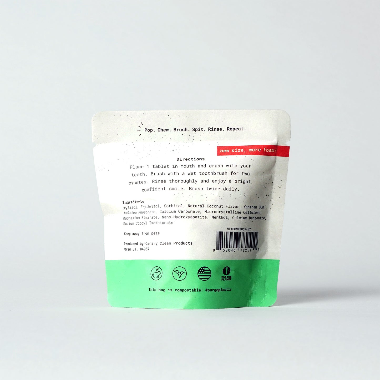 Back Image of Coconut Mint Flavored Toothpaste Tablets. 63-count Plastic-Free and Compostable Pouch. Directions on how to use and Ingredients list.