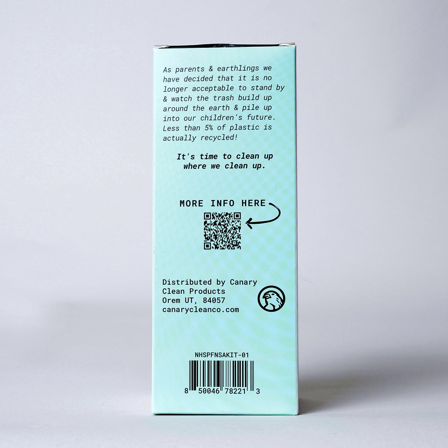 Canary Concentrated Foaming Hand Soap Kit. Bottle and Soap Slices Included, side view with mission statement and QR code link for more info.