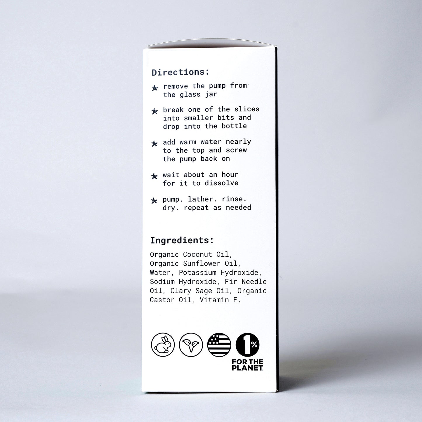 Canary Concentrated Foaming Hand Soap Kit. Bottle and Soap Slices Included, side view with directions on how to use and the ingredients