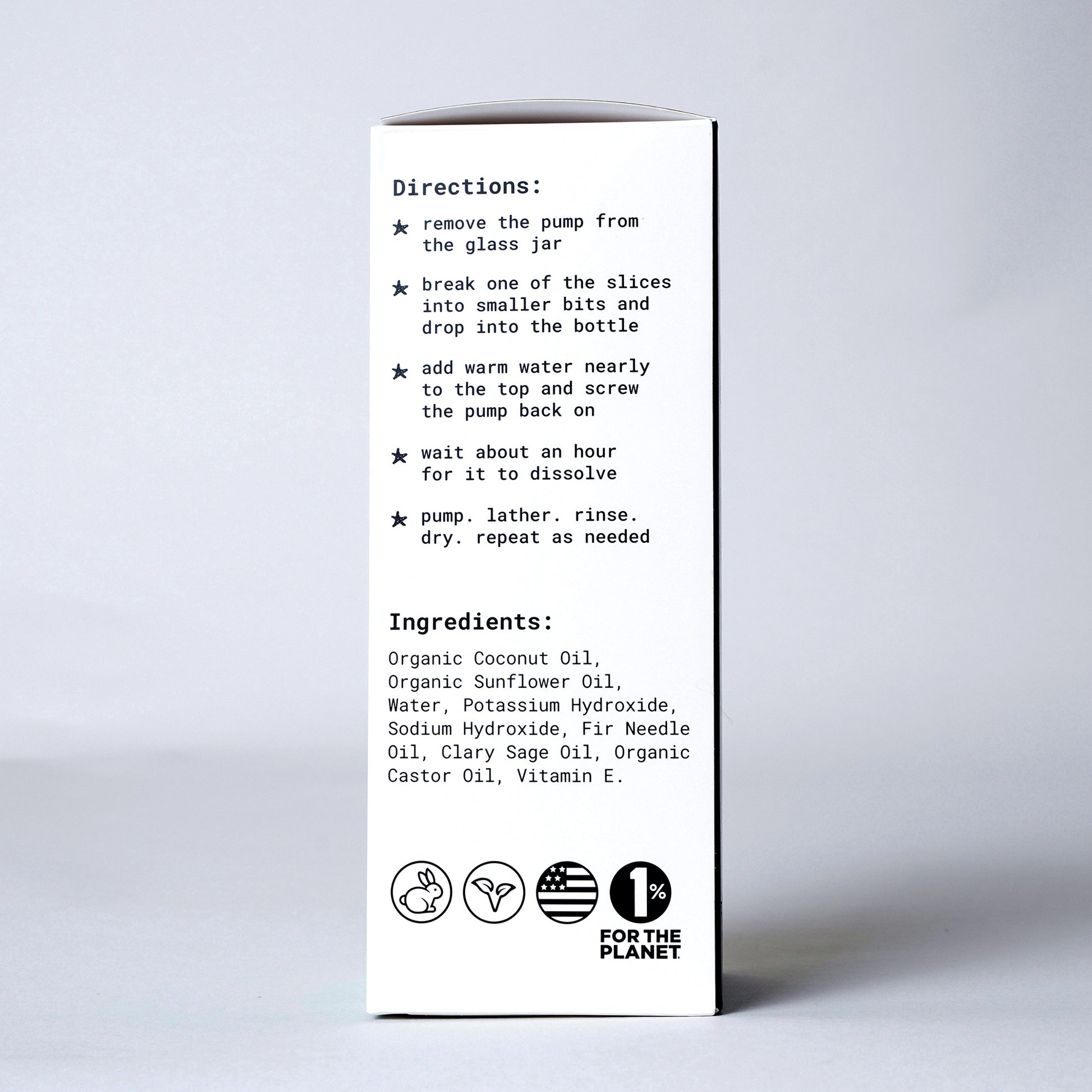 Canary Concentrated Foaming Hand Soap Kit. Bottle and Soap Slices Included, side view with directions on how to use and the ingredients