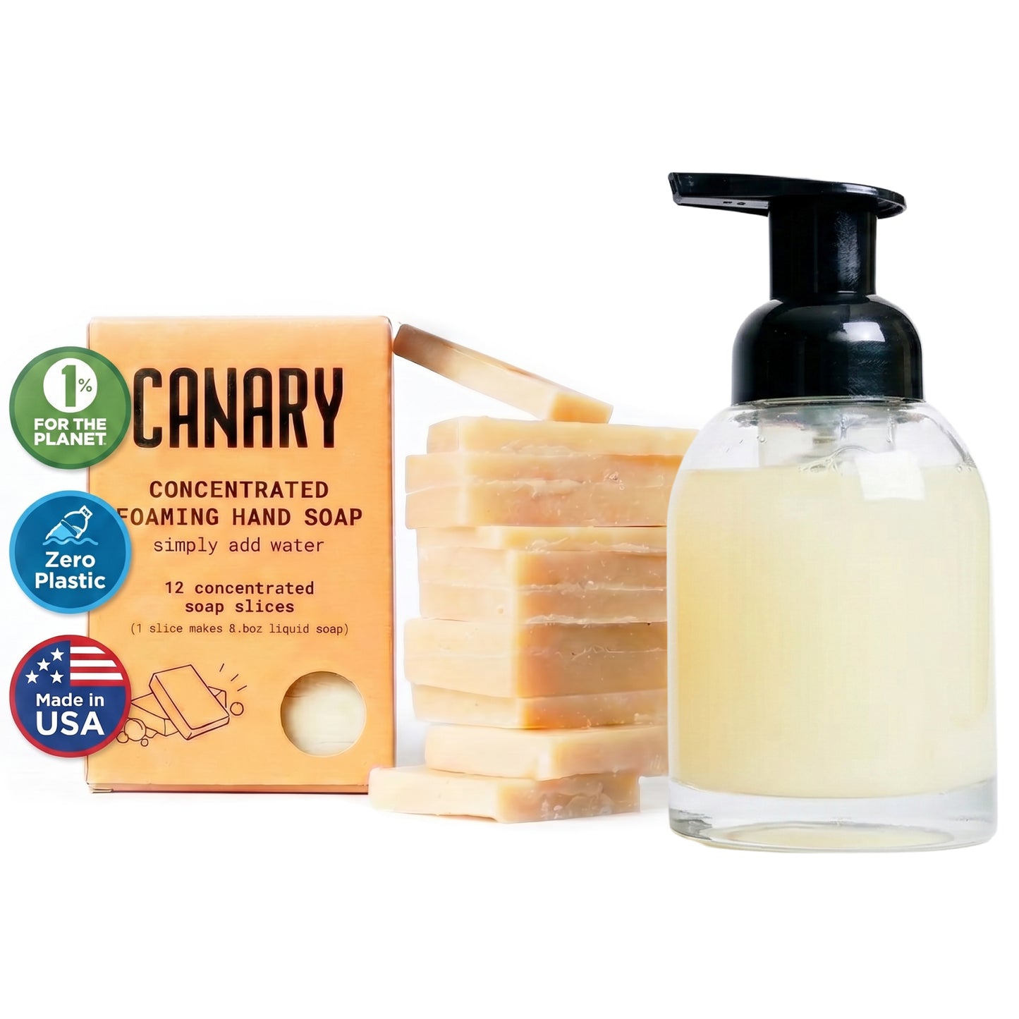 Canary Concentrated Foaming Hand Soap bars and Bottle next to information about the product.