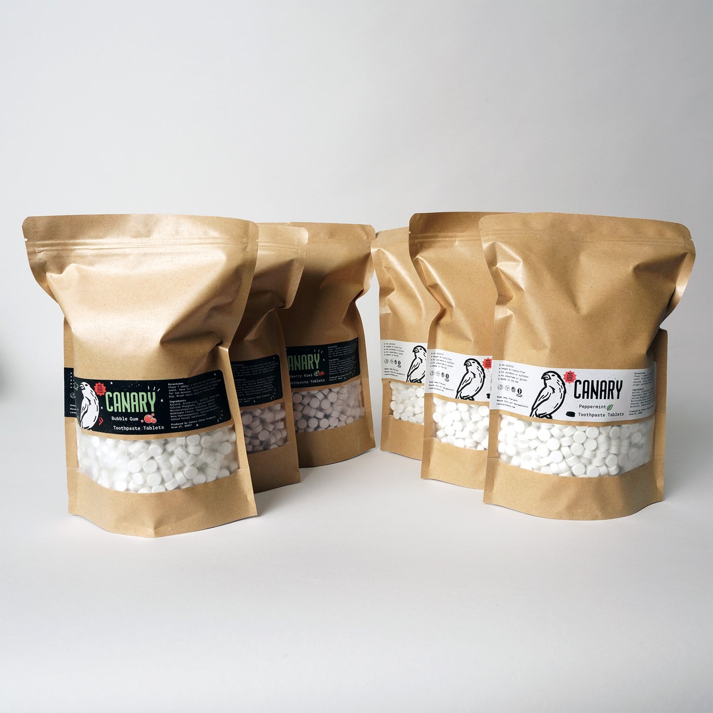 Canary bulk toothpaste tablets in 2lb bags for wholesale, retail and refill stores. All Flavors shown.