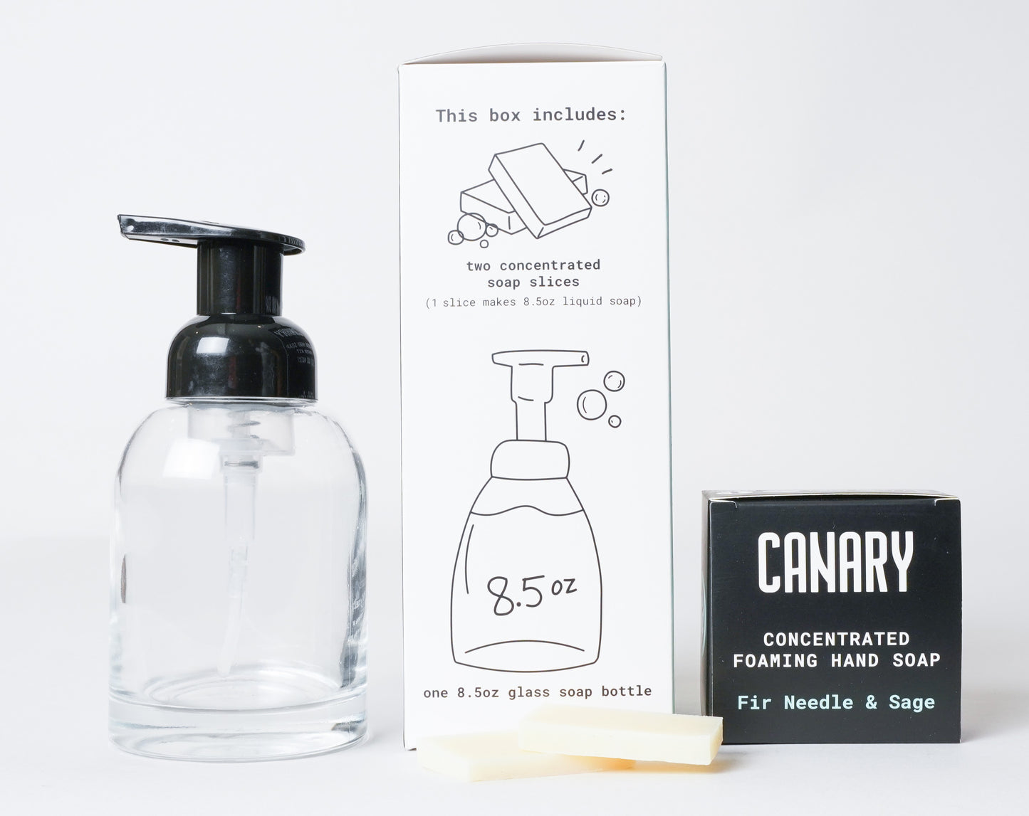 Image of Concentrated Foaming Hand Soap Starter Kit. Info included what is in box. Fire Needle and Sage scent and Refillable Glass bottle next to product.