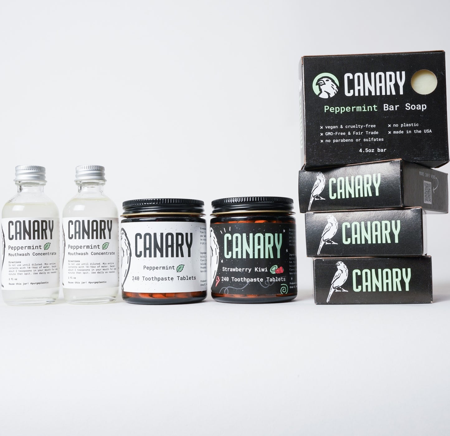 Collective product photo of the large family kit. 240ct Peppermint Tablets, 240ct Strawberry-Kiwi Tablets, Mouthwash Concentrate Starter Kit, 4 4.5oz bars of Peppermint Soap.