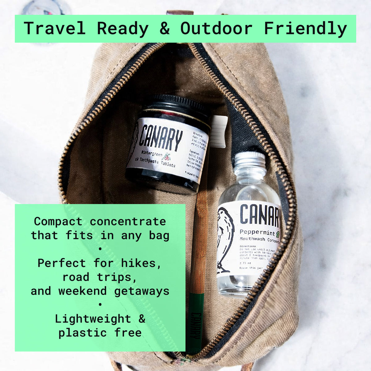 Travel toiletry bag with Canary Toothpaste tablets, mouthwash concentrate, and bamboo toothbrush. Text on screen with benefits for traveling.