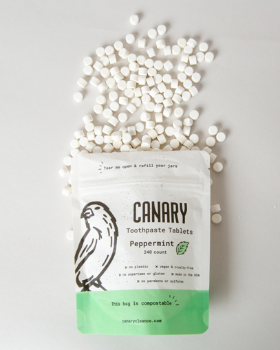 240 ct pouch of the peppermint toothpaste tablets, spilling out of the pouch.