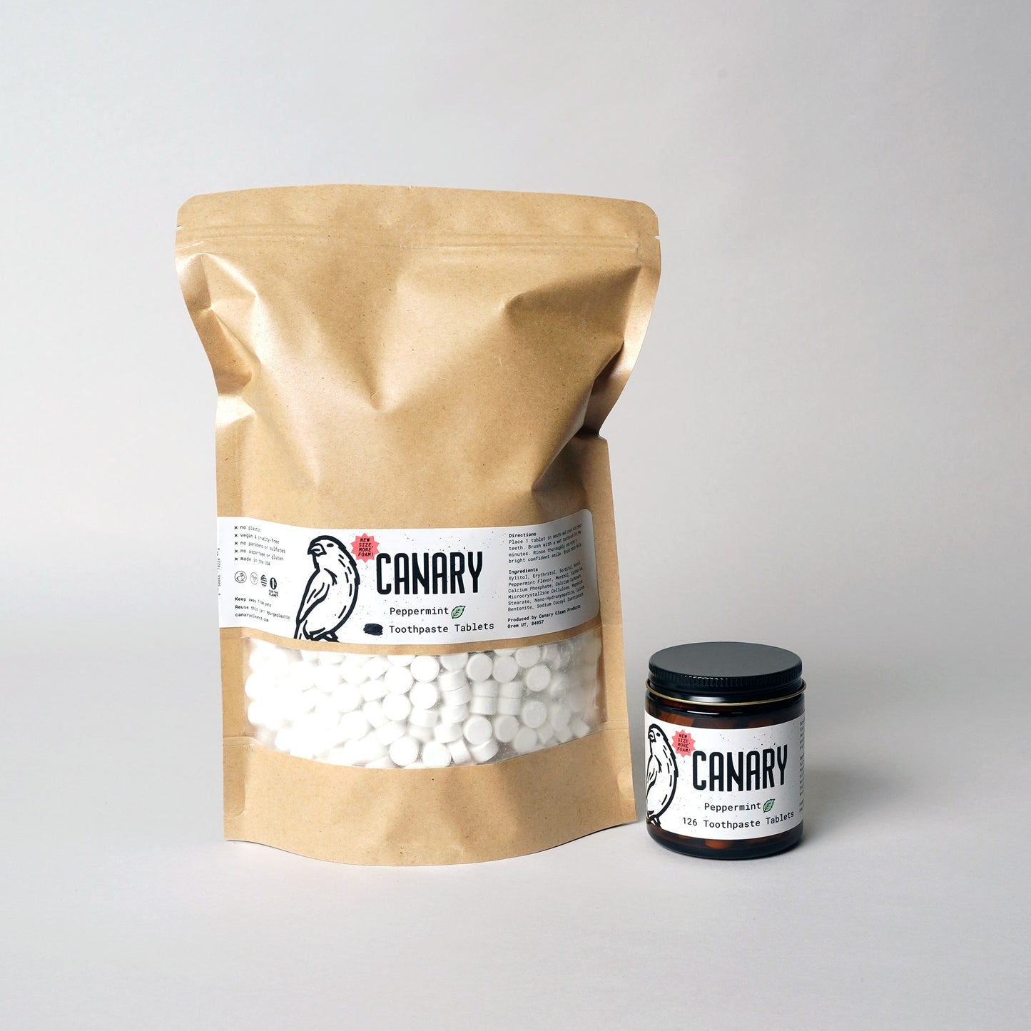 Canary bulk Peppermint toothpaste tablets in 2lb bags for wholesale, retail and refill stores.