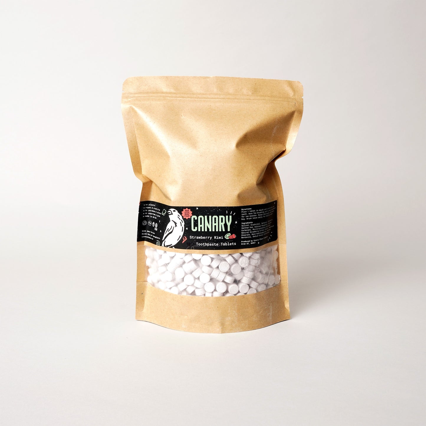 Canary bulk Strawberry Kiwi flavored toothpaste tablets in 2lb bags for wholesale, retail and refill stores.