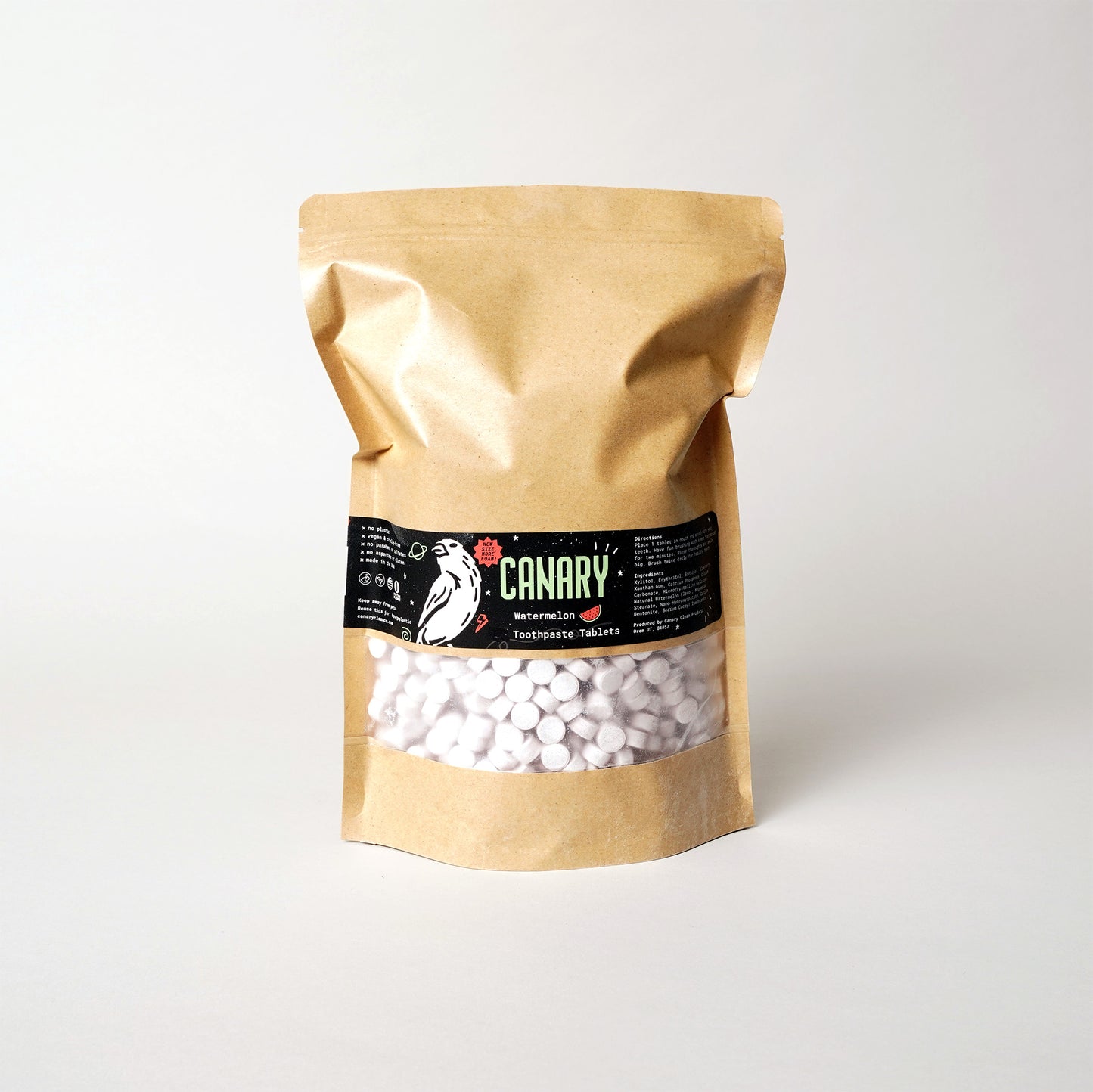 Canary bulk Watermelon toothpaste tablets in 2lb bags for wholesale, retail and refill stores.
