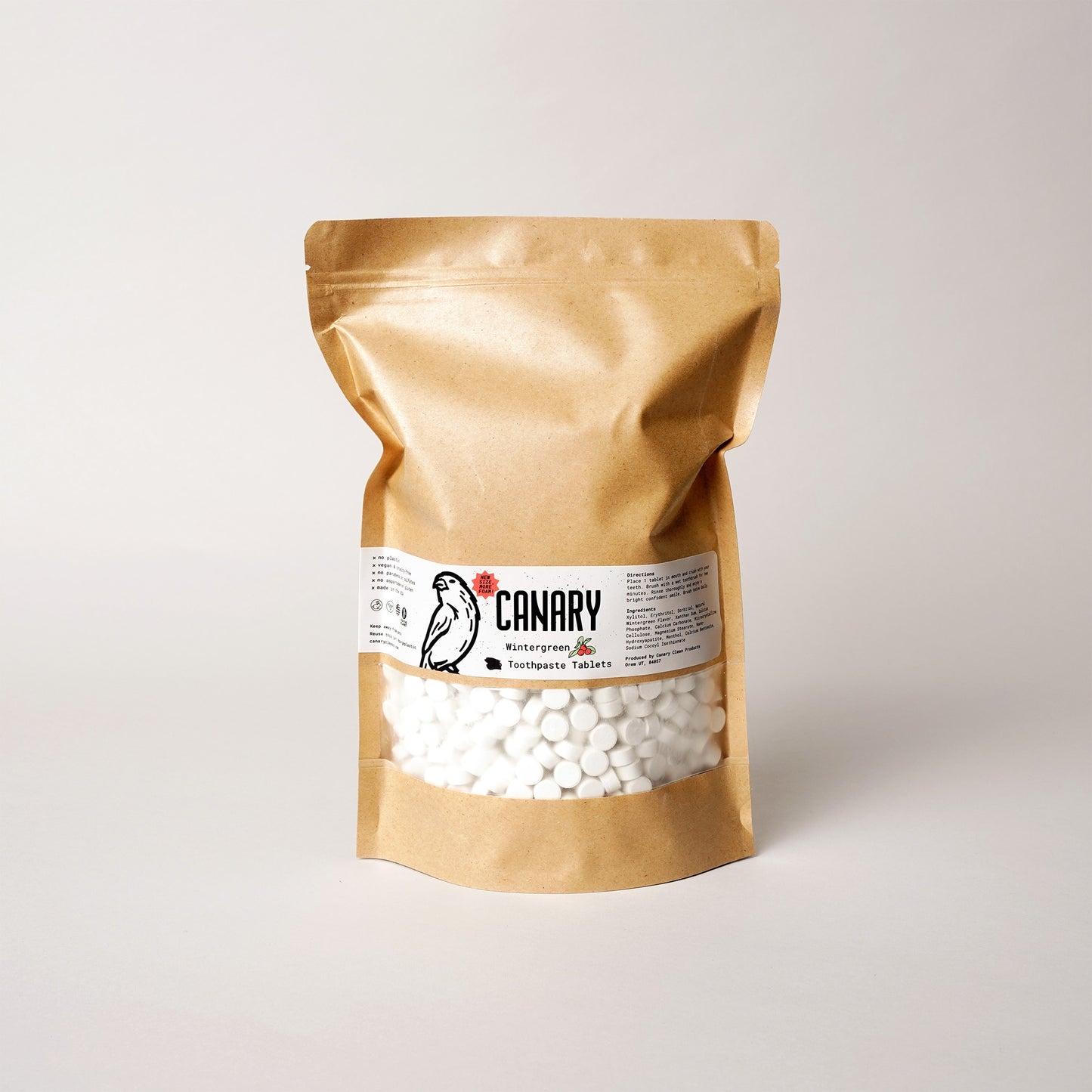 Canary bulk Wintergreen toothpaste tablets in 2lb bags for wholesale, retail and refill stores.