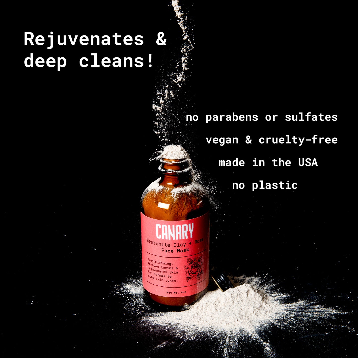 Bentonite Clay + Rose face mask, infographic with ingredients.