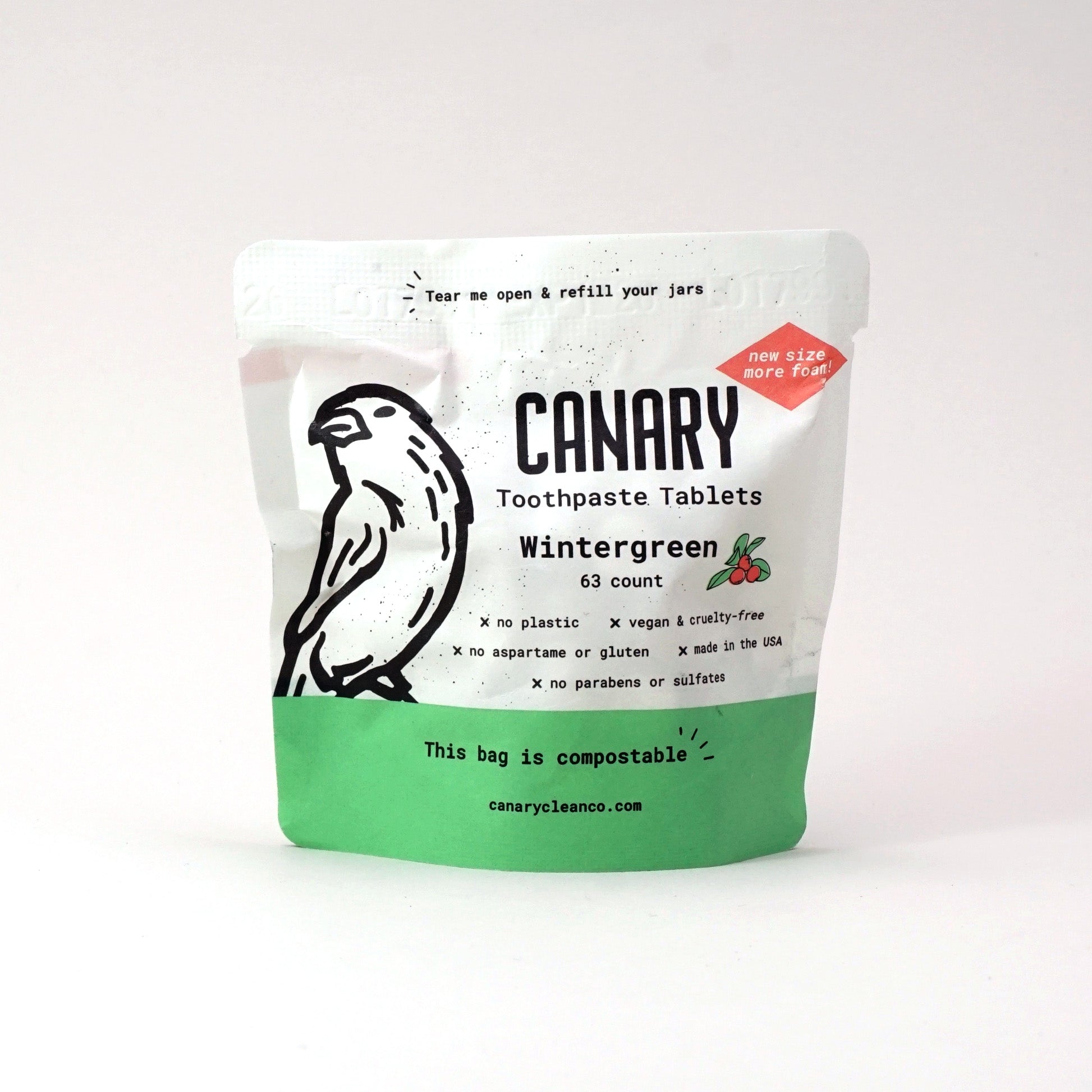 Canary Wintergreen Toothpaste Tablets, sample size 63 count compostable pouch, front view of the pouch