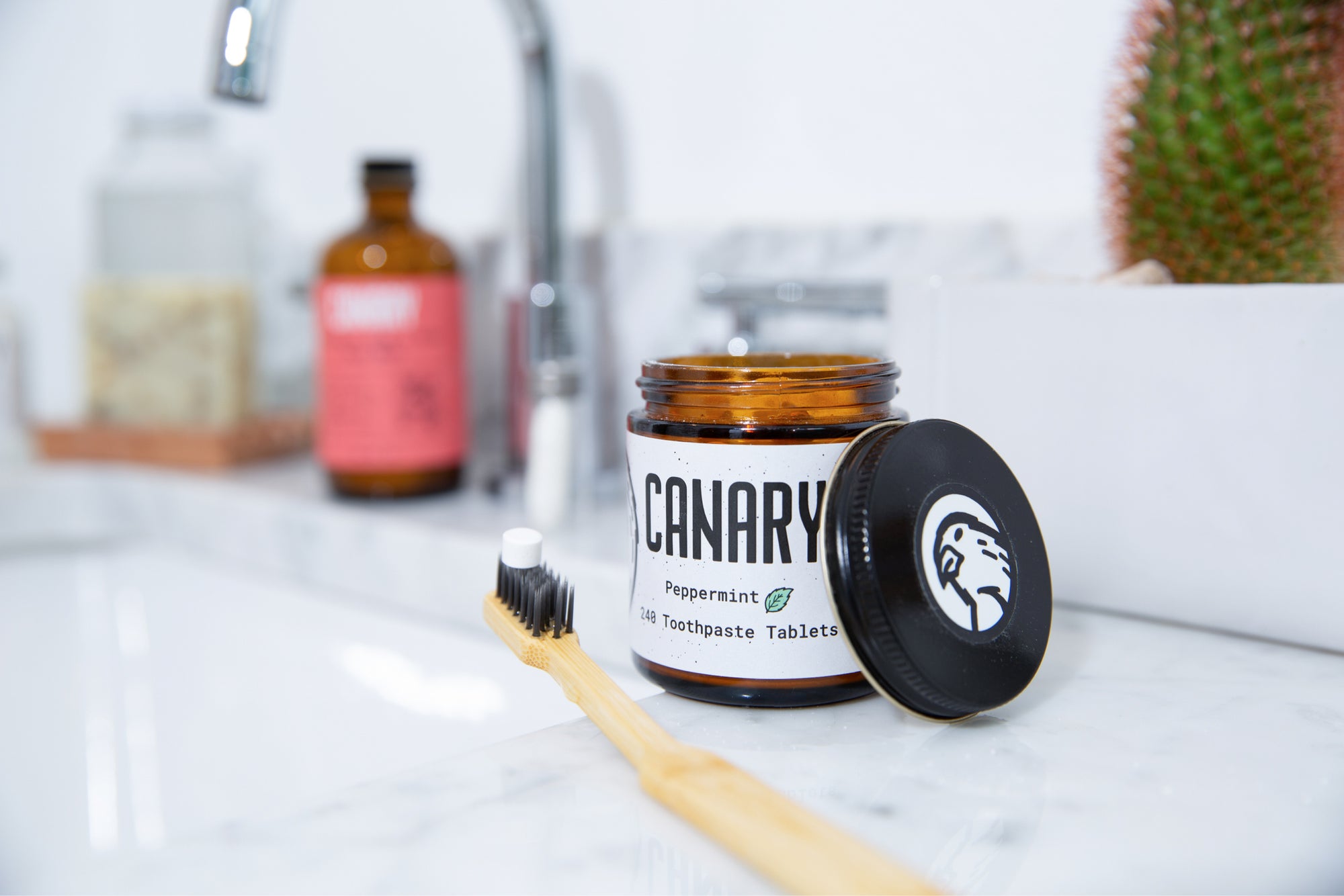 Image of Canary Peppermint Toothpaste tablet jar 240-Count and Bamboo toothbrush in bathroom.