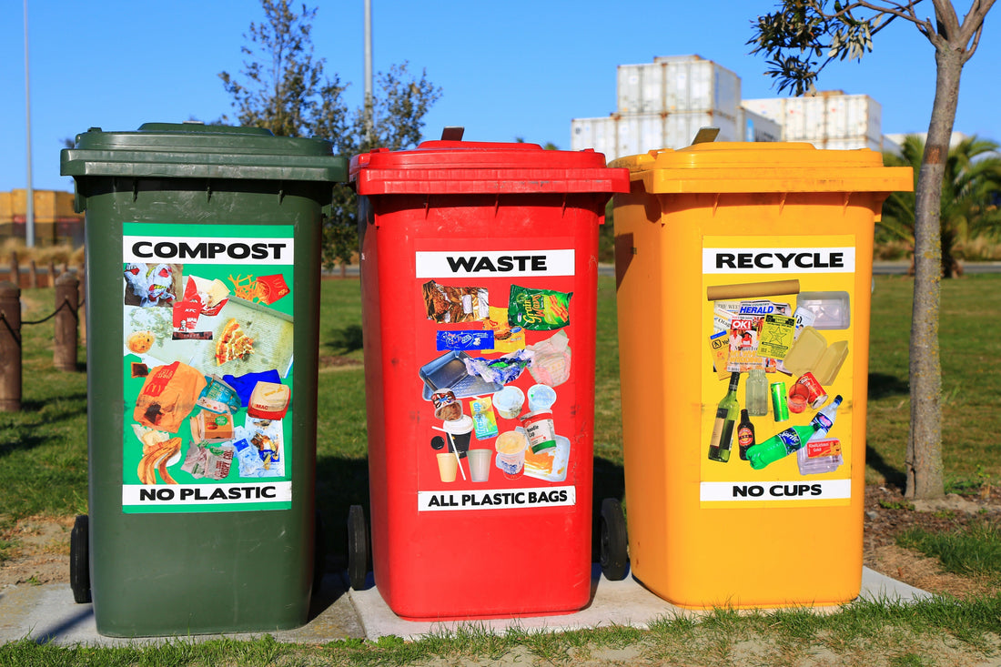 Bins separated by compost, waste, and recycle