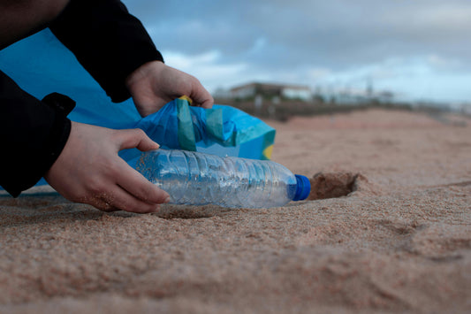 Person picking up and recycling bottle on beach