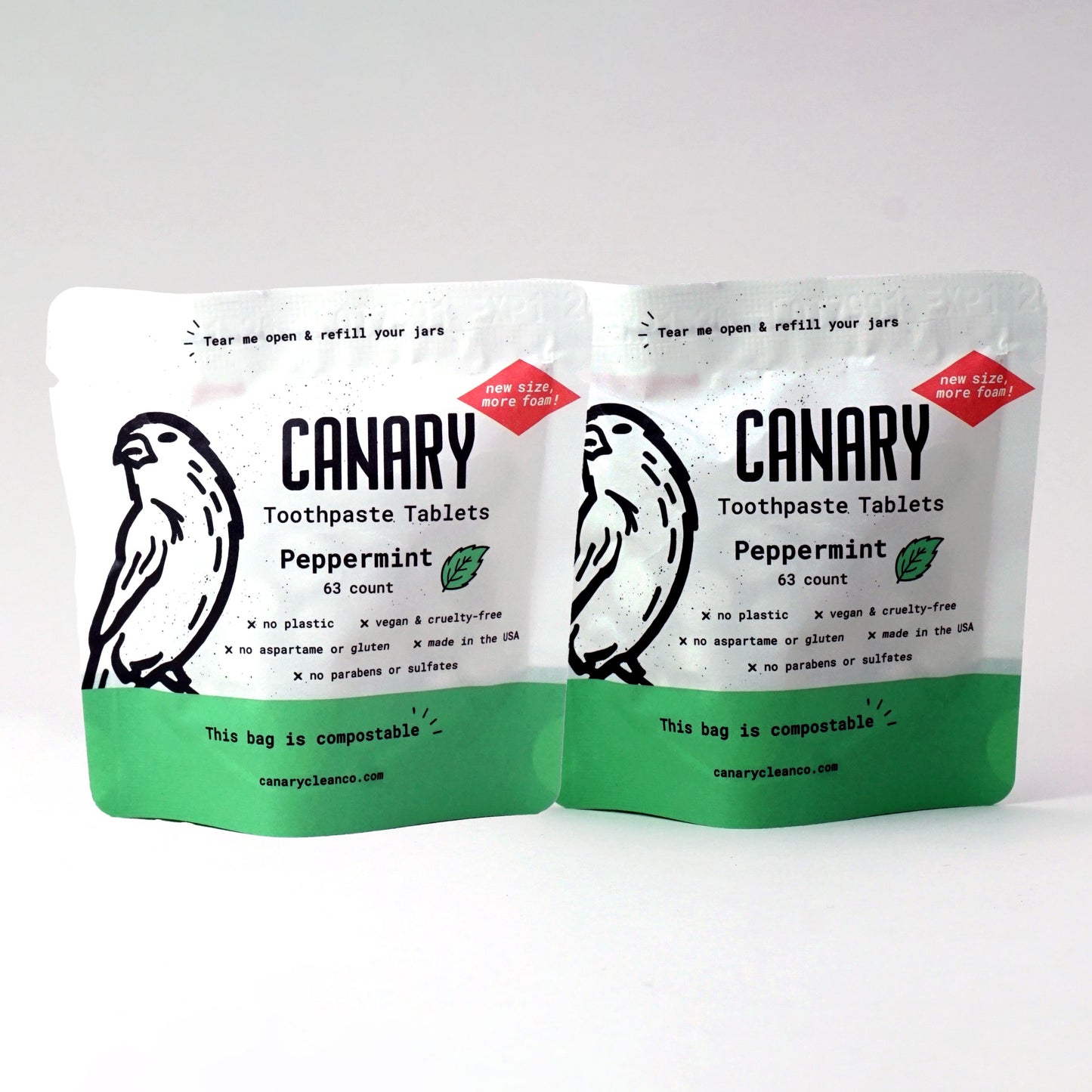 New and improved Canary Peppermint Toothpaste Tablets, front view of the 2-pack of the new 63ct compostable pouches