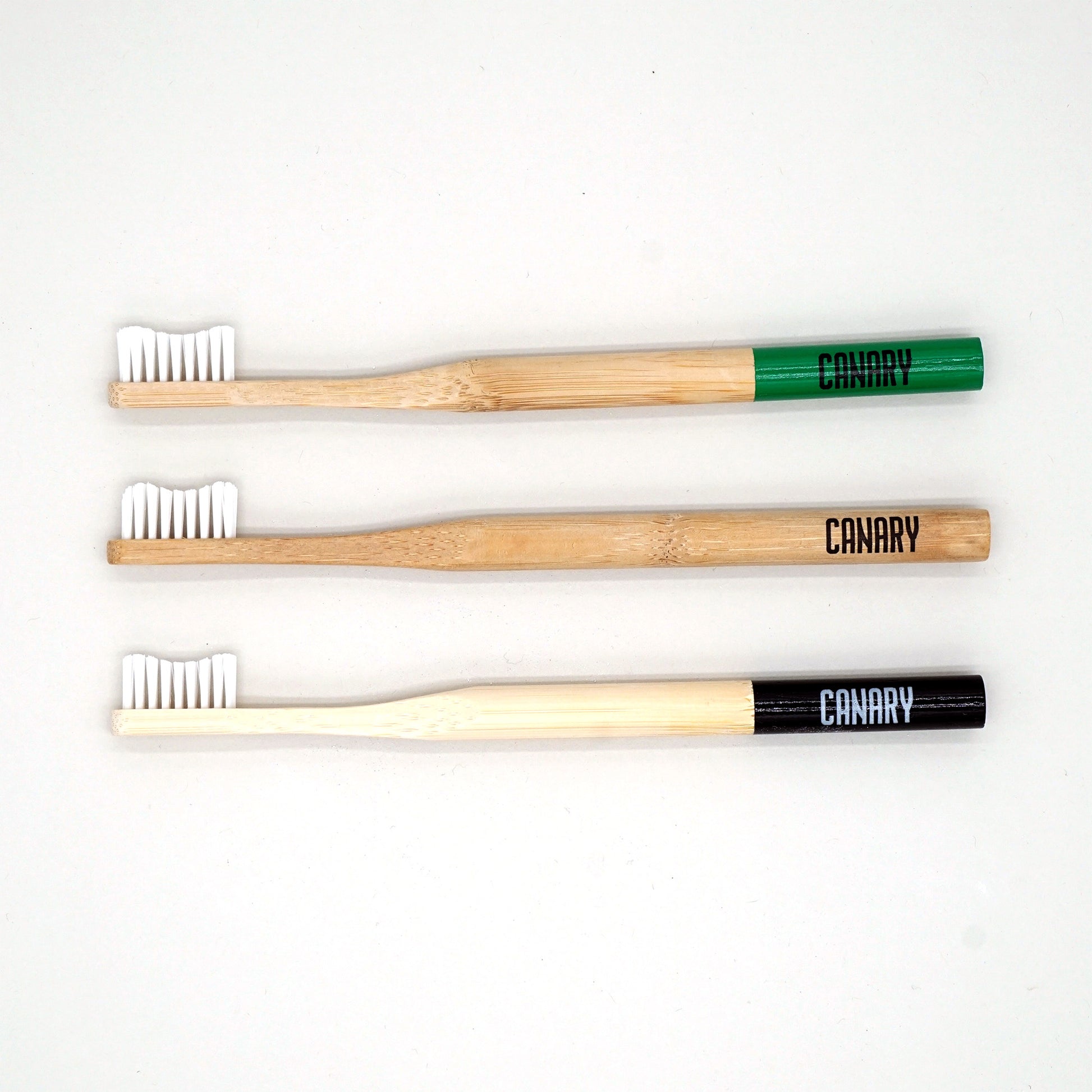 Image of all three options of Canary bamboo toothbrushes, with different color tips