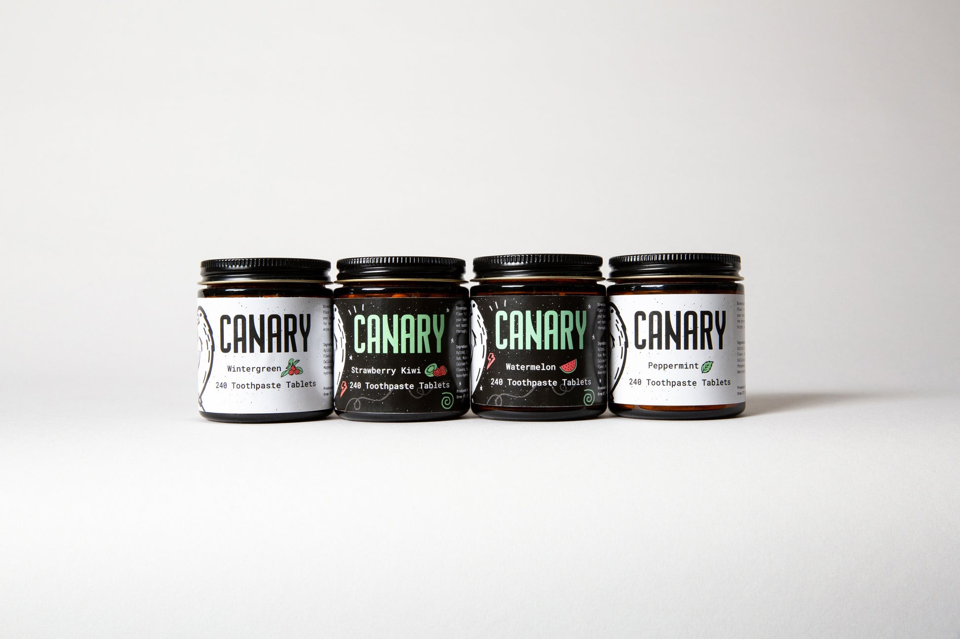 4 pack bundle of all four flavors, 240 count jars. Peppermint, Wintergreen, Watermelon and Strawberry Kiwi toothpaste tablets