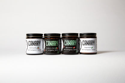 4 pack bundle of all four flavors, 240 count jars. Peppermint, Wintergreen, Watermelon and Strawberry Kiwi toothpaste tablets