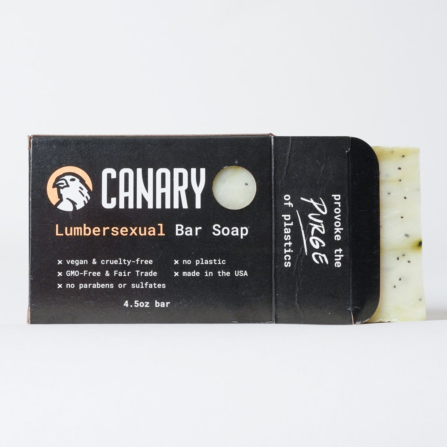 Canary Lumbersexual Bar Soap partially out of its plastic-free packaging