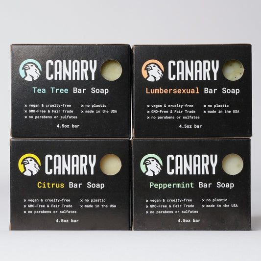 Canary Mixed Bar Soap Pack containing Peppermint Bar Soap, Lumbersexual Bar Soap, Tea Tree Bar Soap and Citrus Bar Soap