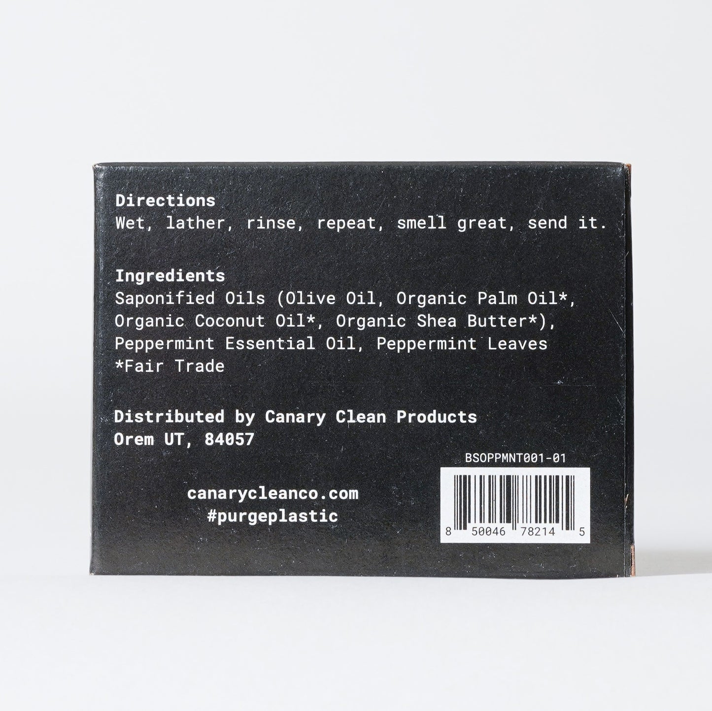 Canary Peppermint Bar Soap, back view of packaging and ingredients