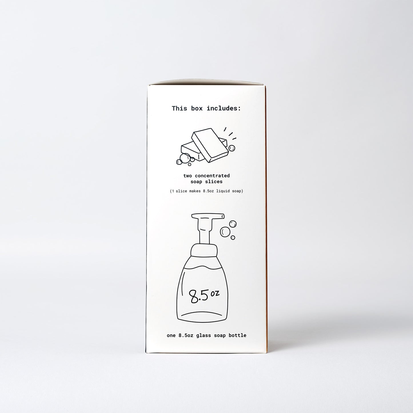 Image of Cedar Mint Foaming Hand Soap Starter Kit. Information of what is included in package 2 concentrated soap slices and 8.5 ounce glass soap bottle. 
