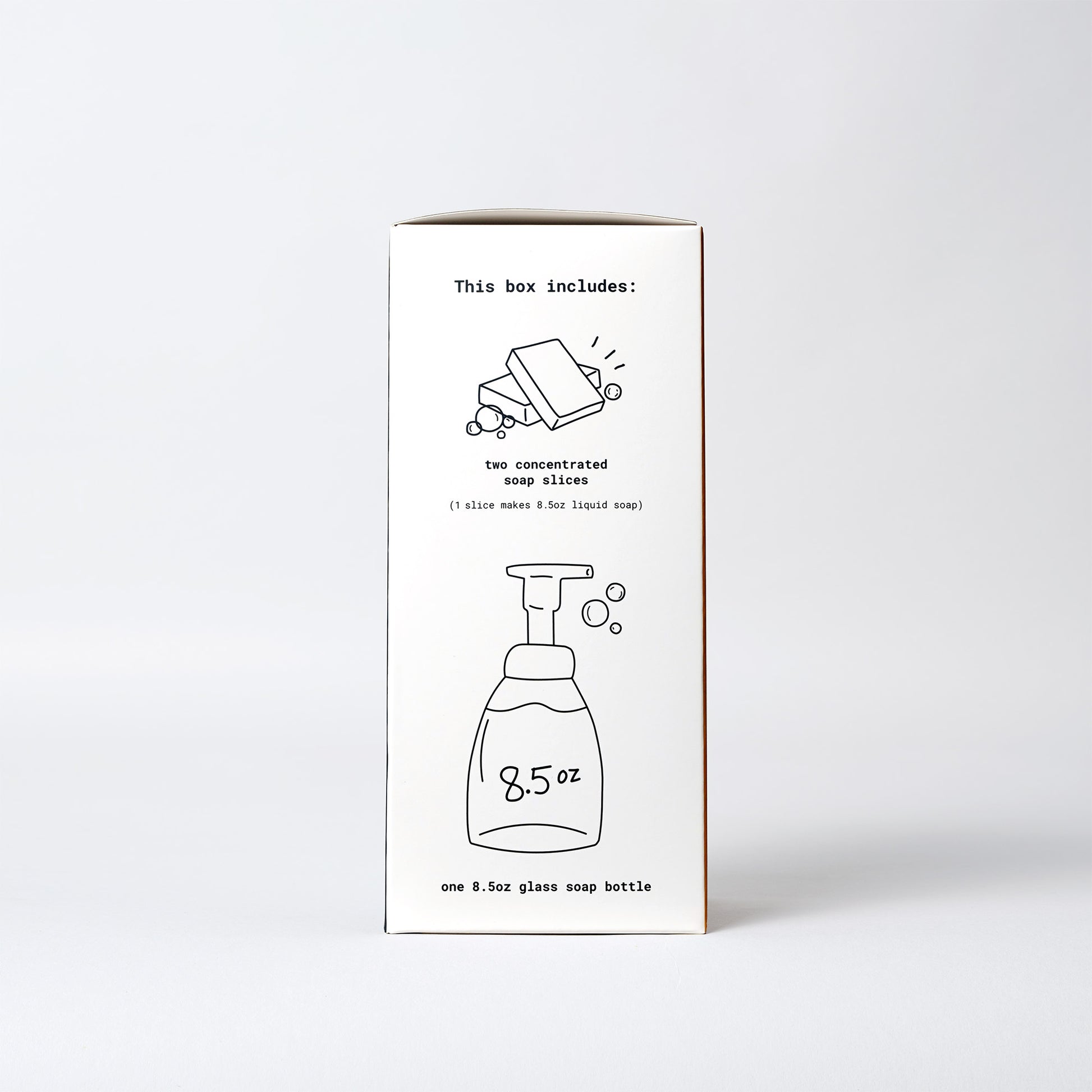 Image of Cedar Mint Foaming Hand Soap Starter Kit. Information of what is included in package 2 concentrated soap slices and 8.5 ounce glass soap bottle. 
