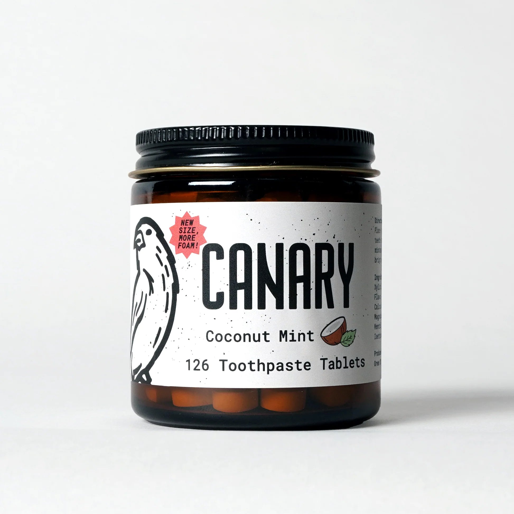 Canary Coconut Mint Flavored Toothpaste Tablets, 126 count reusable glass jar jar, view of front of jar