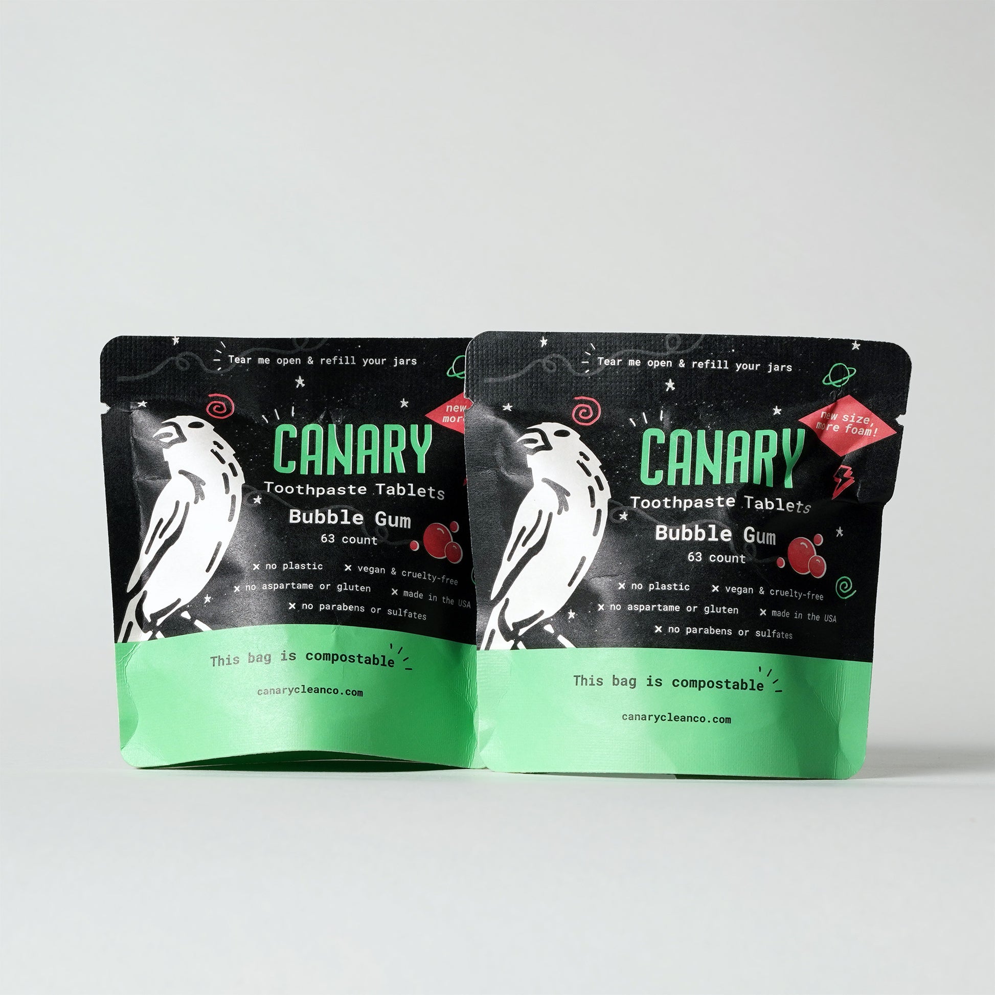 Front Image of Bubble Gum Flavored Toothpaste Tablets. Front of 2-Pack Plastic-Free and Eco-Friendly Pouches. 2-Pack Pouches 63-count.