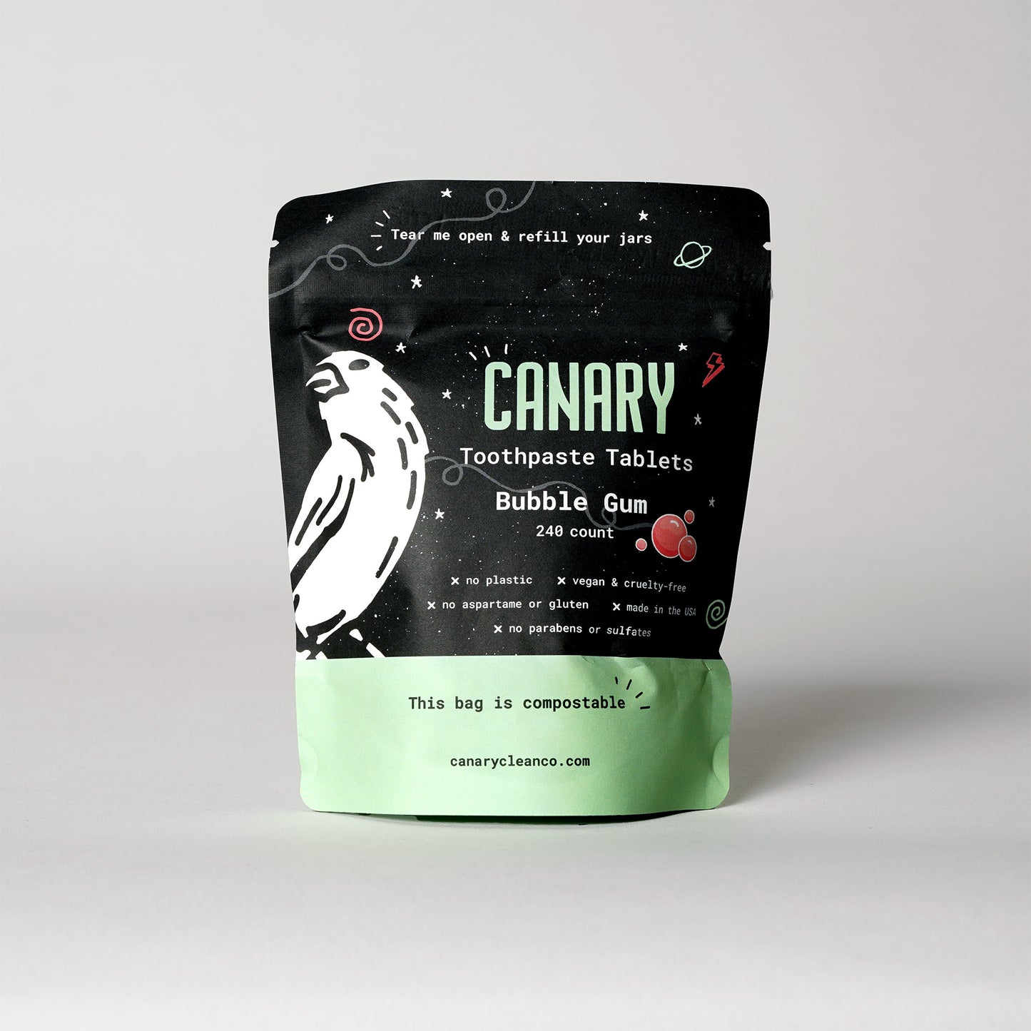 Front Image of Bubble Gum Flavored Toothpaste Tablets. Plastic-Free and Eco-Friendly Refill Pouches. 240ct, 4-month supply.