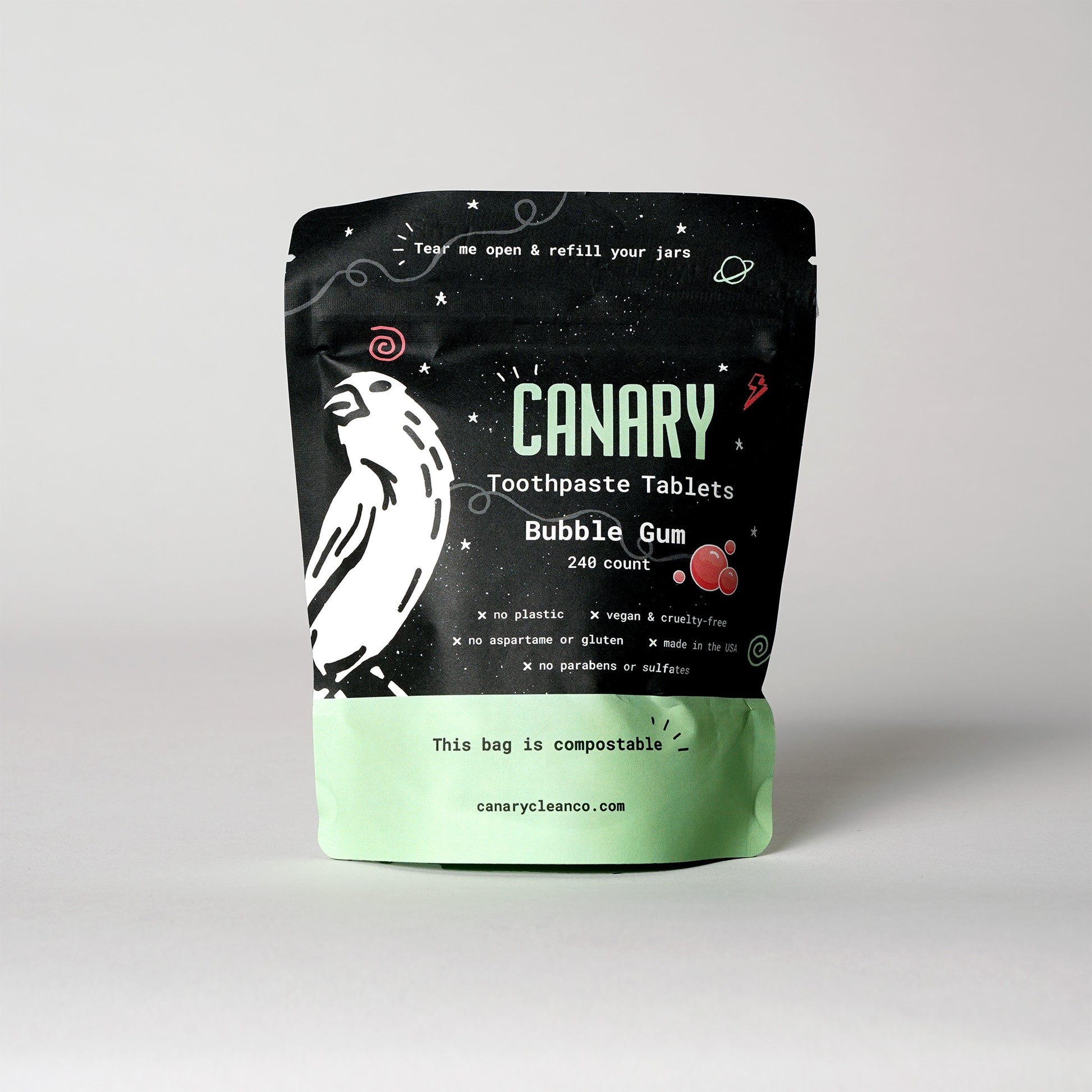Front Image of Bubble Gum Flavored Toothpaste Tablets. Plastic-Free and Eco-Friendly Refill Pouches. 240ct, 4-month supply.