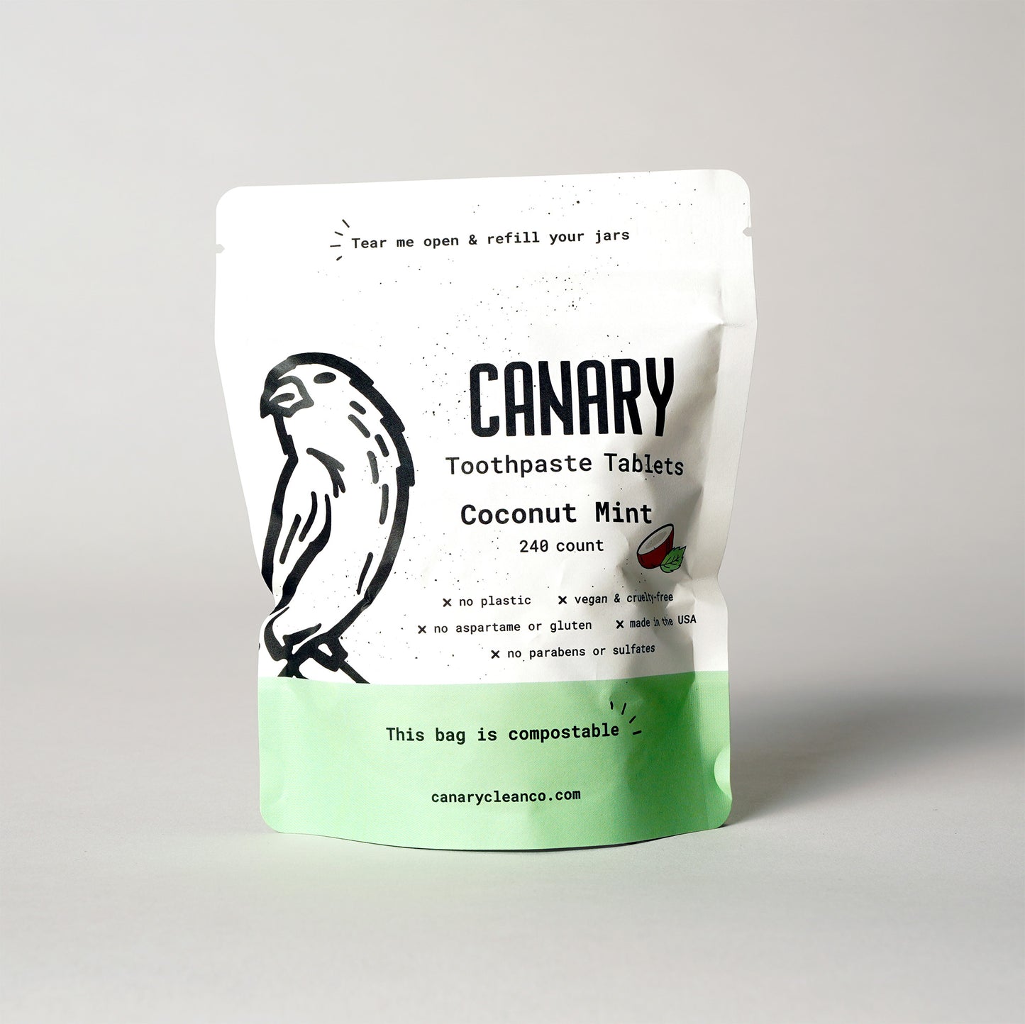 Canary Coconut Mint Toothpaste Tablets, front view of new 240ct compostable Refill pouch. 4 month supply. 