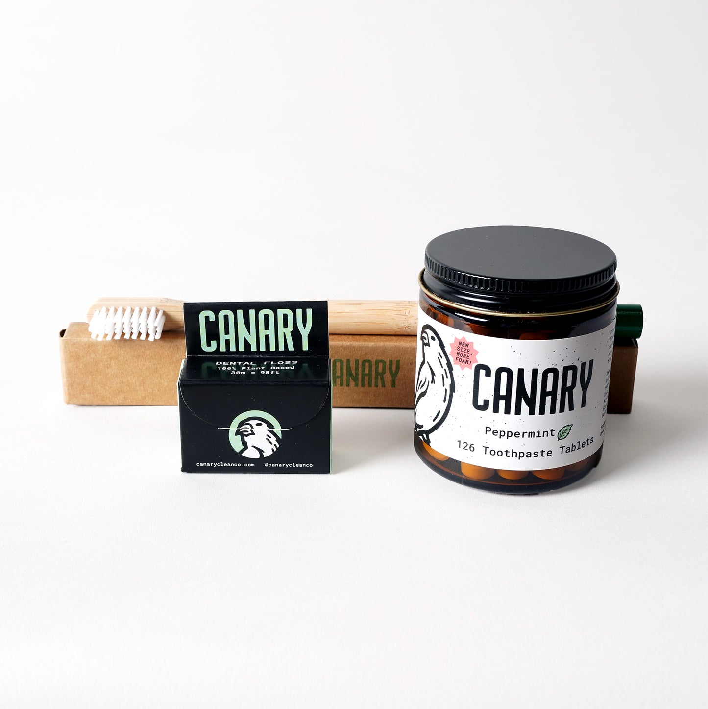 Plastic-Free Oral Care Basics Bundle, includes 1 jar of Peppermint Toothpaste, 1 toothbrush, and one box of Dental Floss