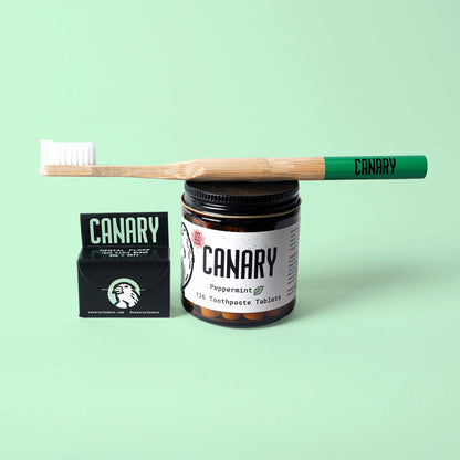 Plastic-Free Oral Care Basics Bundle, includes 1 jar of Peppermint Toothpaste, 1 toothbrush, and one box of Dental Floss