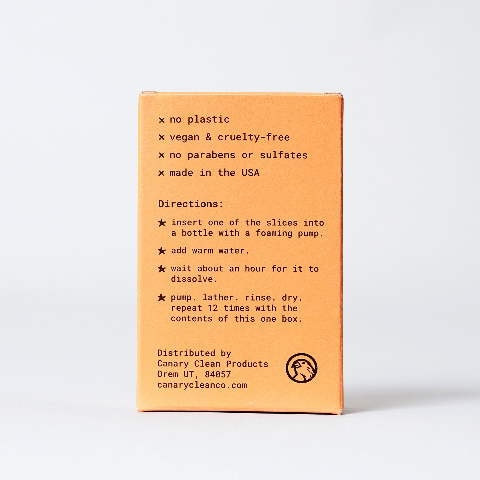 Cedar Mint Concentrated Foaming Hand Soap. Back of the box with directions. 12-count box. 