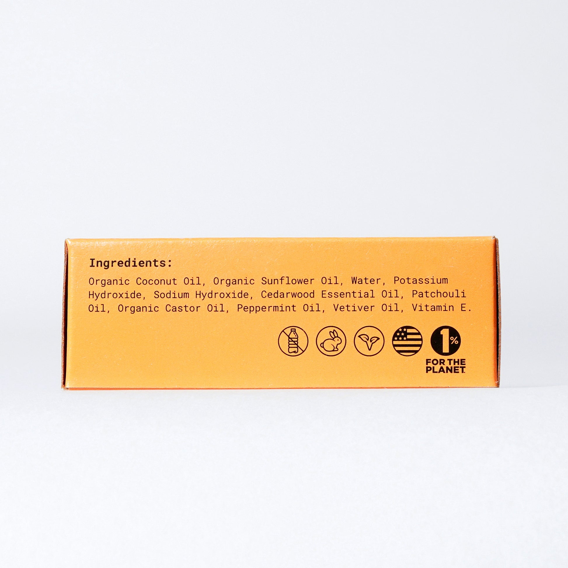 Cedar Mint Concentrated Foaming Hand Soap. Side of the box showing the mostly organic ingredients. 12-count box. 