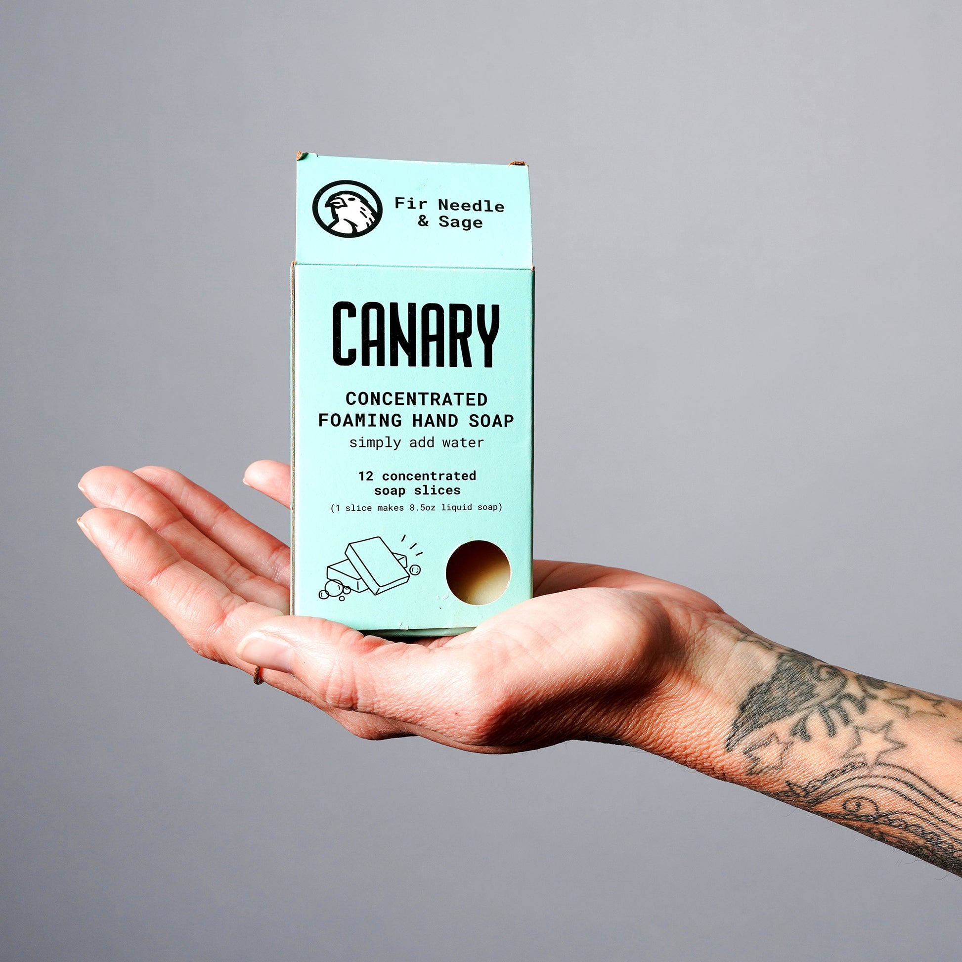 Fir Needle & Sage Concentrated Foaming Hand Soap. Front of the box in the palm of a hand. 12-count box. 