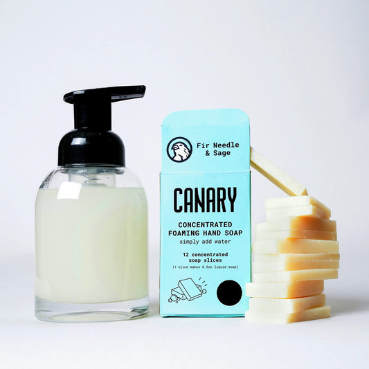 Fir Needle & Sage Concentrated Foaming Hand Soap. Front of the box with stack of 12 slices on the side with full bottle of soap. 12-count box. 