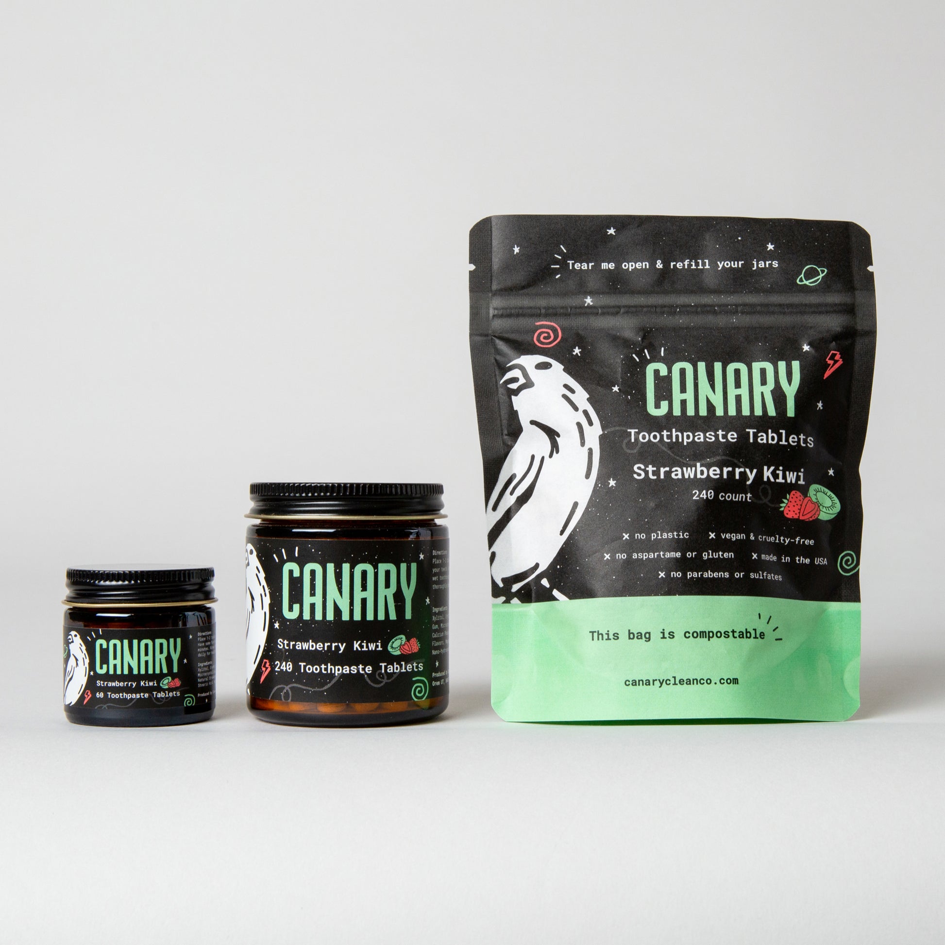 Canary Strawberry Kiwi Toothpaste tablets in Jar and Pouch. 63 count and 240 Count. Plastic Free packaging, Eco-Friendly, and Vegan.