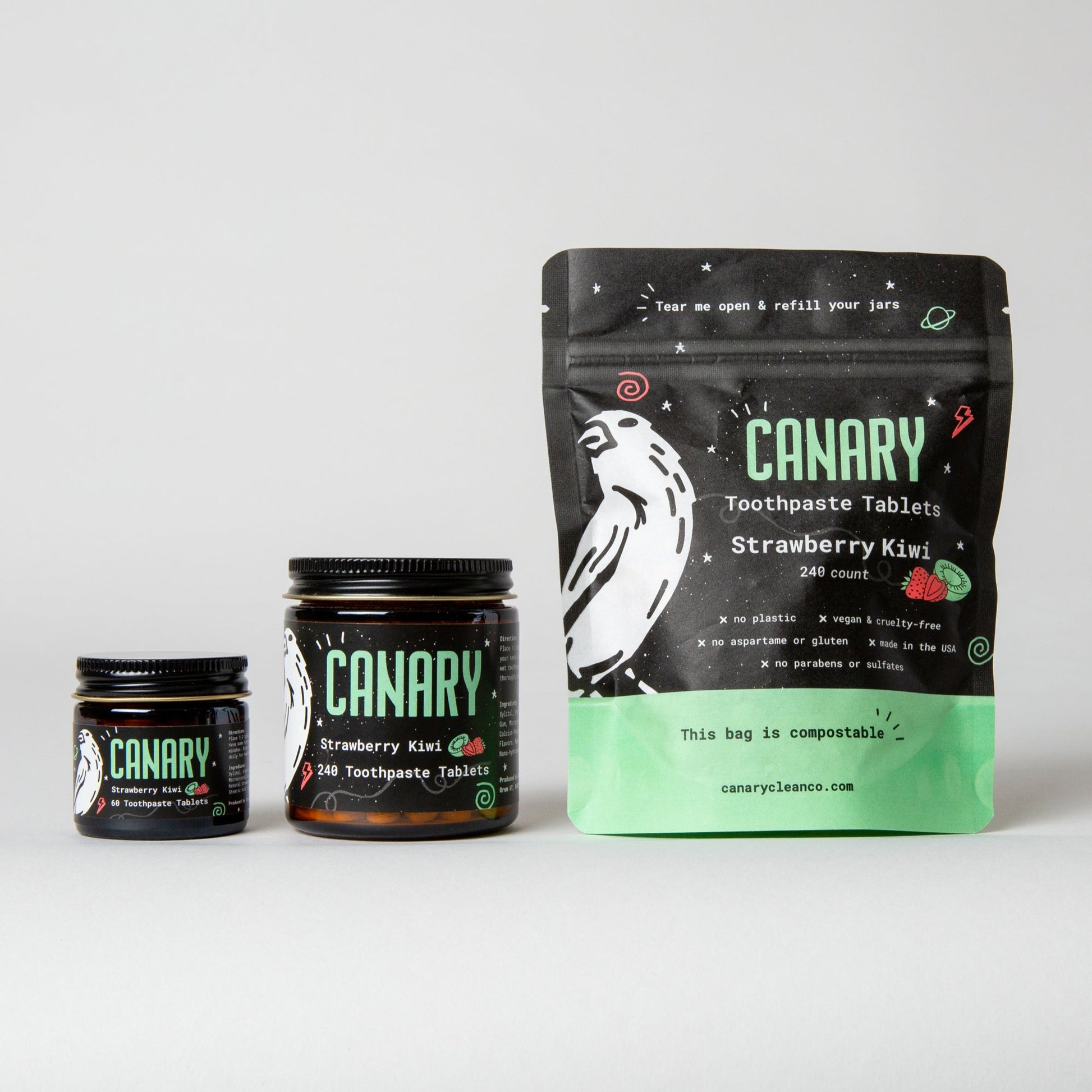 Canary Strawberry Kiwi Toothpaste tablets in Jar and Pouch. 63 count and 240 Count. Plastic Free packaging, Eco-Friendly, and Vegan. Kid Friendly.