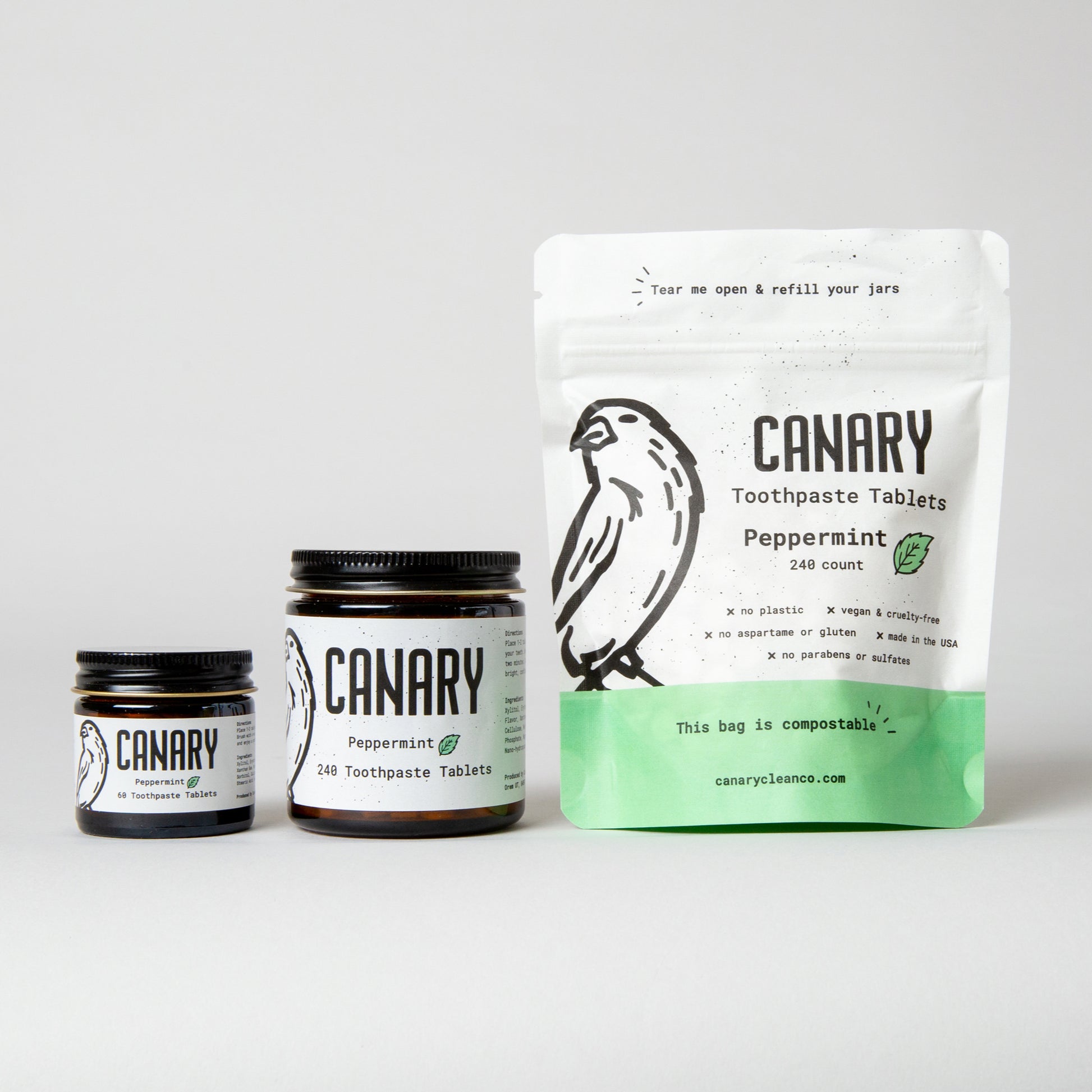 Canary Peppermint Toothpaste tablets in Jar and Pouch. 63 count and 240 Count. Plastic Free packaging, Eco-Friendly, and Vegan.