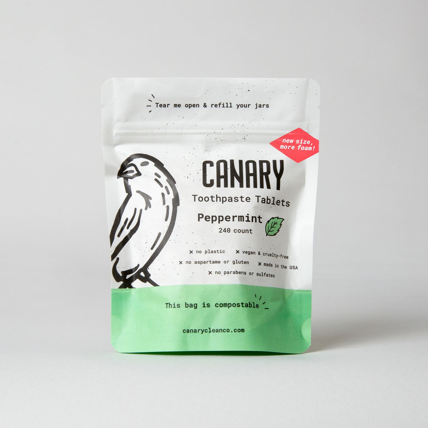 New and improved Canary Peppermint Toothpaste Tablets, front view of new 240ct compostable pouch